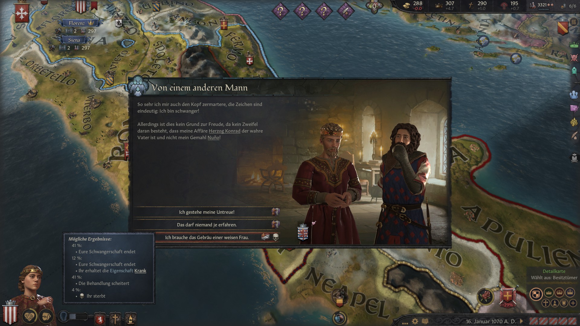 Screenshot aus "Crusader Kings 3", der die Entscheidungsauswahl eines Events zeigt, bei dem eine Herrscherin von einem anderen Mann als ihrem Ehemann schwanger ist. Sie hat nun die Wahl, entweder ihrem Mann von der Affäre zu erzählen, es ihm zu verheimlichen und ihm zu erzählen, er sei der Vater, oder das Kind abzutreiben.