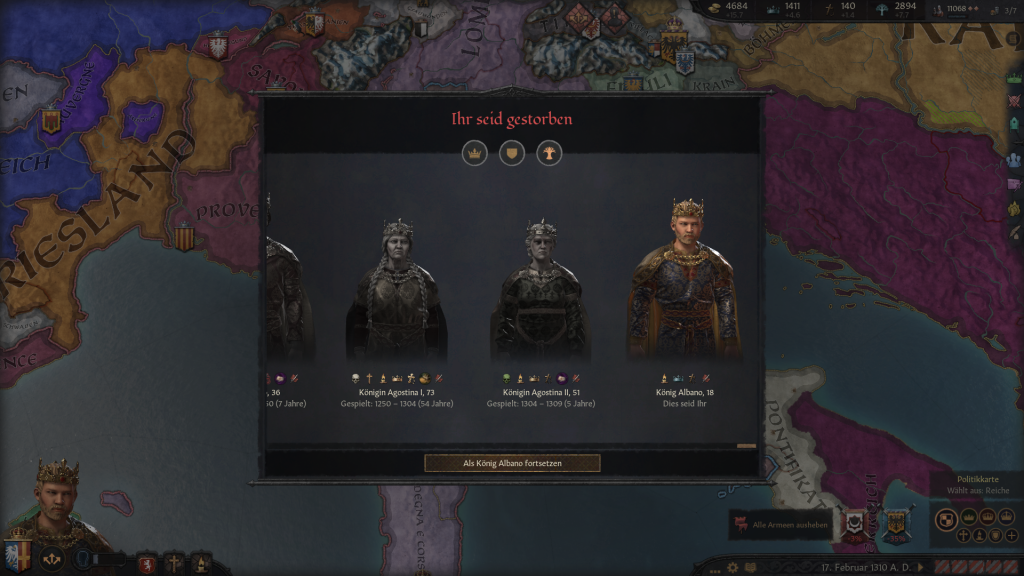 Screenshot aus "Crusader Kings 3", der das Fenster zeigt, wenn ein*e Herrscher*in stirbt. Klicken Spieler*innen in diesem Fenster auf ein Baumsymbol, können sie die Ahnenreihe des*der neuen Herrscher*in durchscrollen, was auf diesem Screenshot am Beispiel von König Albano von Italien im 14. Jahrhundert abgebildet ist.