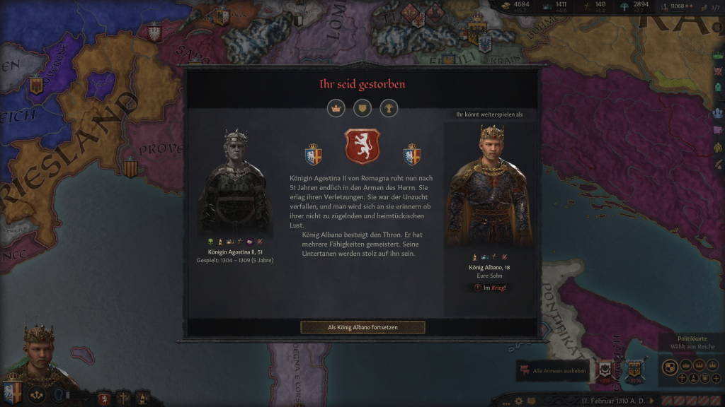 Screenshot aus "Crusader Kings 3", der das Fenster zeigt, wenn ein*e Herrscher*in stirbt. Links sieht man ausgegraut die verstorbene Königin Agostina II von Italien und rechts in Farbe das Bild ihres Sohns König Albano, Darüber steht in rot ein großer Schriftzug "Ihr seid gestorben".