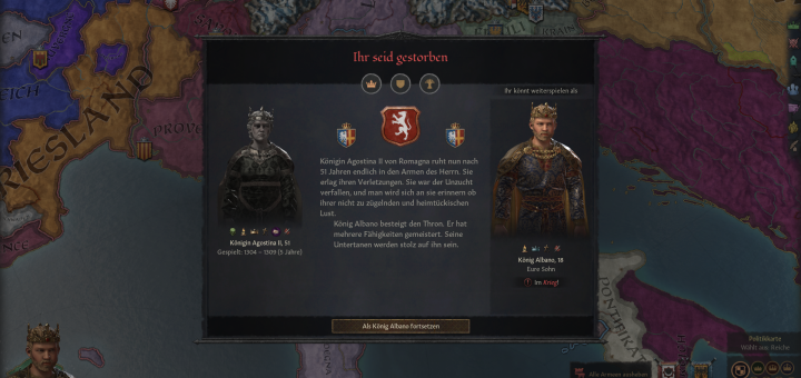 Screenshot aus "Crusader Kings 3", der das Fenster zeigt, wenn ein*e Herrscher*in stirbt. Links sieht man ausgegraut die verstorbene Königin Agostina II von Italien und rechts in Farbe das Bild ihres Sohns König Albano, Darüber steht in rot ein großer Schriftzug "Ihr seid gestorben".