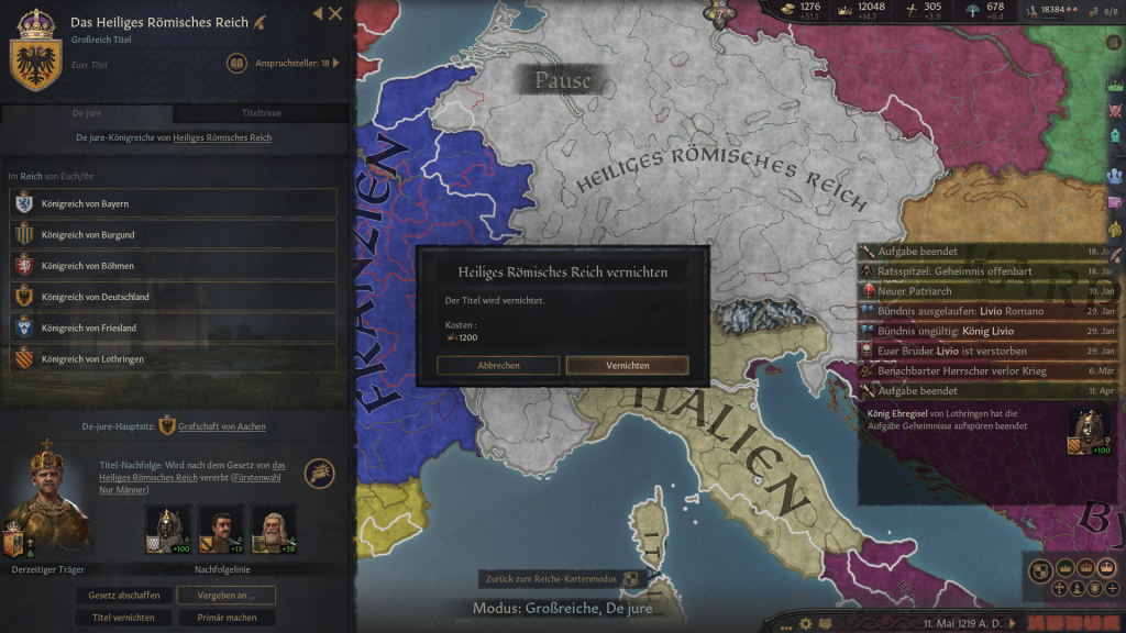 Screenshot aus "Crusader Kings 3", der das Auswahlfenster zeigt, um das Heilige Römische Reich Deutscher Nation im Jahr 1219 aufzulösen.
