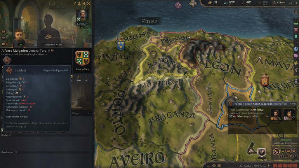 Screenshot aus "Crusader Kings 3", der die Charakteransicht eines Kindes mit dem Trait "Inzüchtig" zeigt.