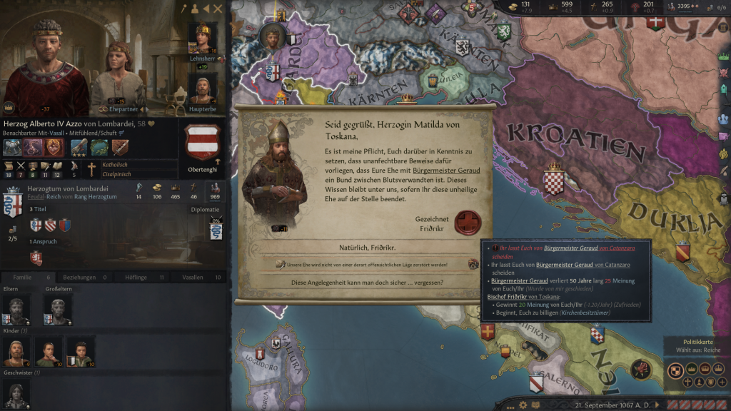 Screenshot aus "Crusader Kings 3", der einen Entscheidungsbildschirm zu einem Event zeigt, bei dem ein Bischof eine Herrscherin damit erpresst, dass sie angeblich mit ihrem Ehemann blutsverwandt sei.