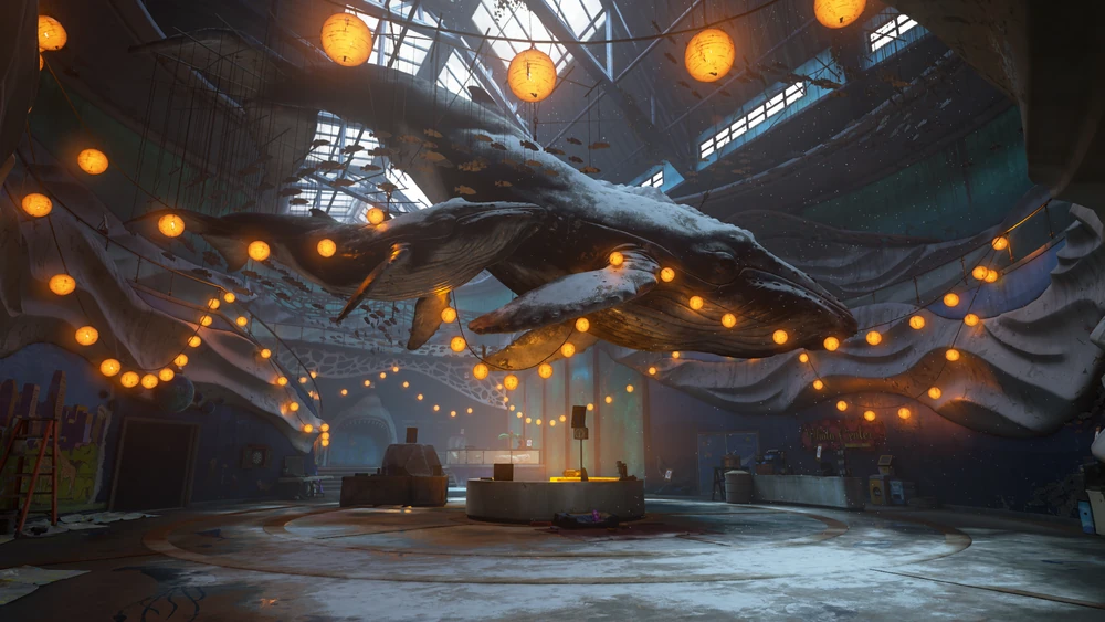 Screenshot of the decorated whale in the aquarium with lots of lampions.